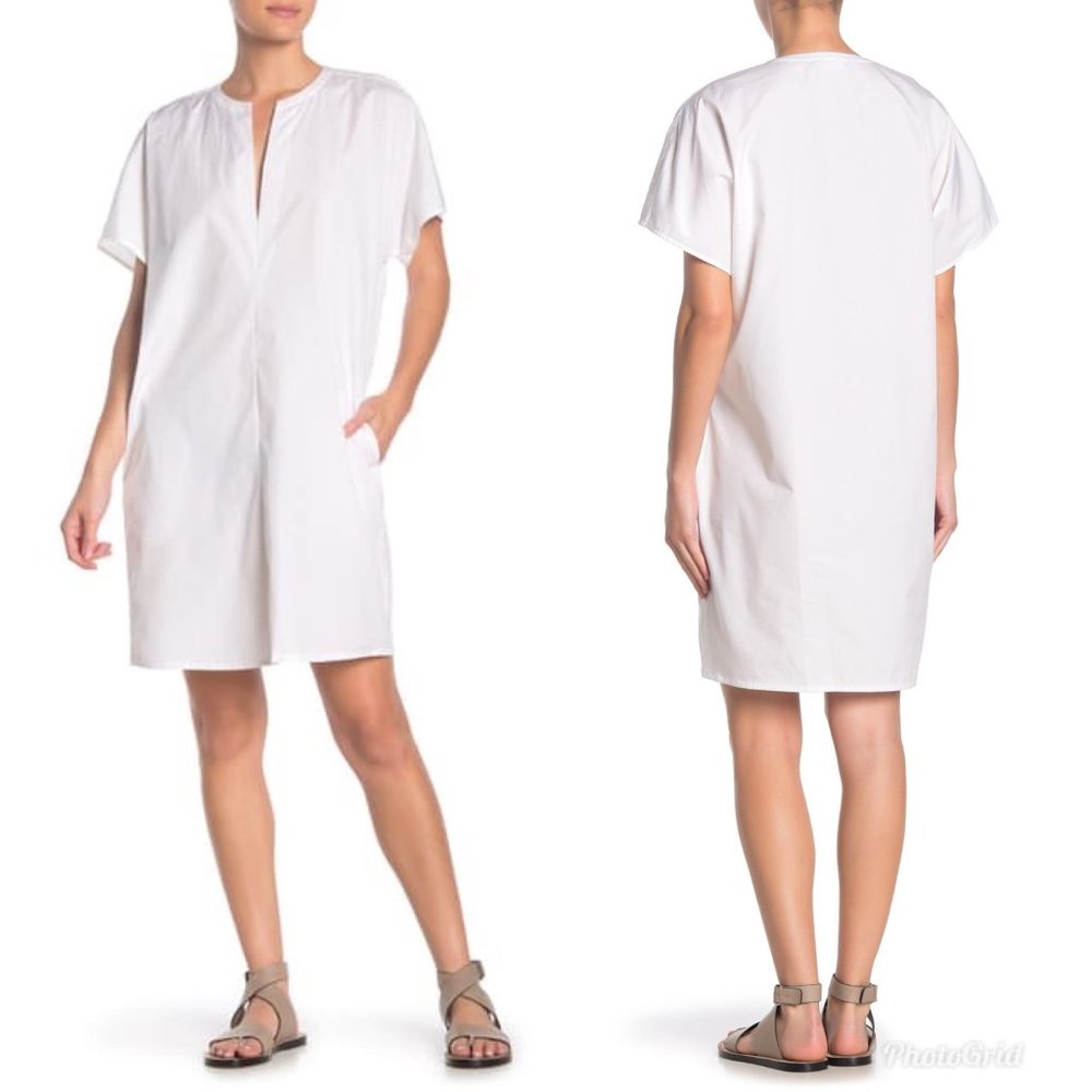 Vince Short Sleeve Collarless Cotton Shift Dress L